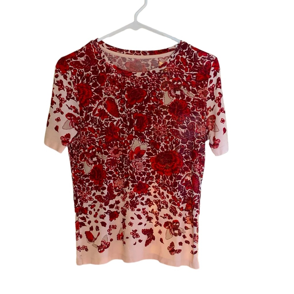 Tory Burch pima cotton tee, XS, pale pink background, burgundy print